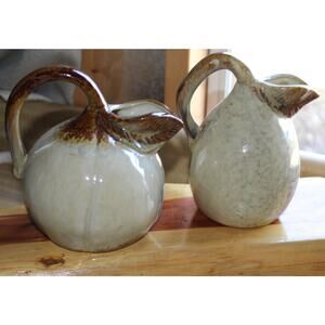 Pair of Handmade Vintage Studio Pitcher Ewer Bulbous Leaf Shape Spout.